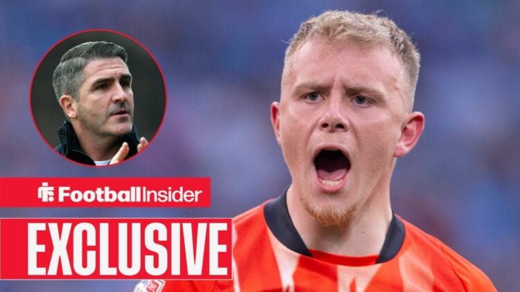 Joe Taylor celebrating in a Luton shirt, with Ryan Lowe in a circular inset