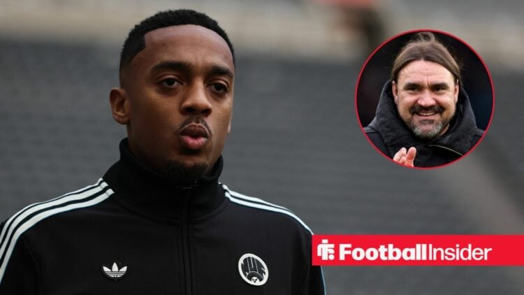 Joe Willock pre-match with Newcastle, with Daniel Farke in a circular inset