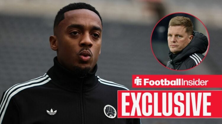 Football Insider exclusive as Joe Willock arrives at a game for Newcastle, while manager Eddie Howe watches from a circular inset.