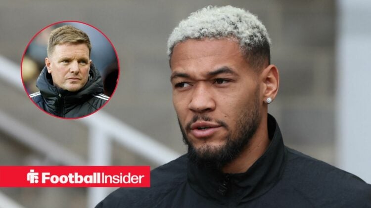 Joelinton pre-match for Newcastle, with Eddie Howe in a circular inset