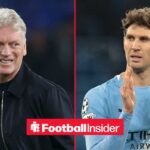 David Moyes smiling on the sidelines, with John Stones in action for Man City