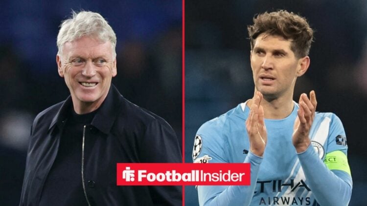 David Moyes smiling on the sidelines, with John Stones in action for Man City