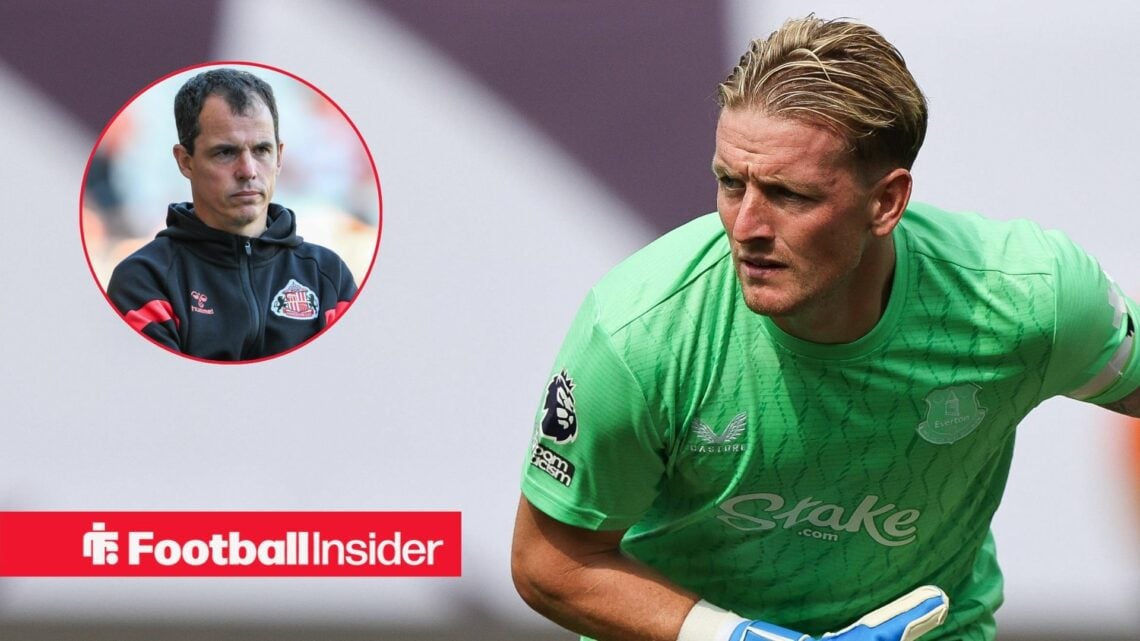 Jordan Pickford playing for Everton, Regis Le Bris in a circular inset