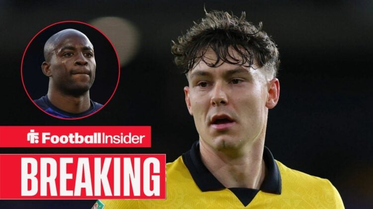 Jorgen Strand Larsen in action for Wolves, with Jean-Philippe Mateta in a circular inset