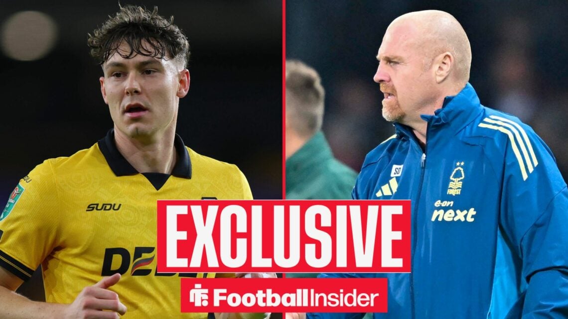 Football Insider exclusive as Jorgen Strand Larsen is in action in the left half of a split image, as Sean Dyche watches on from the right.