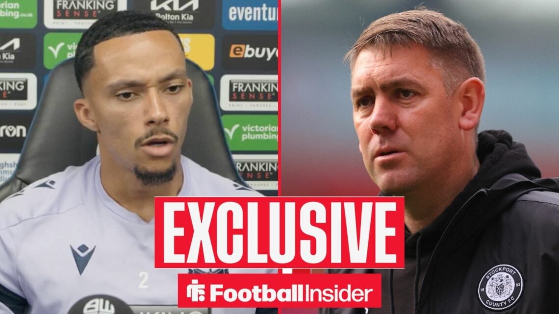 Football Insider exclusive as Bolton defender Josh Dacres-Cogley sits in a press conference, while Stockport manager Dave Challinor watches on.