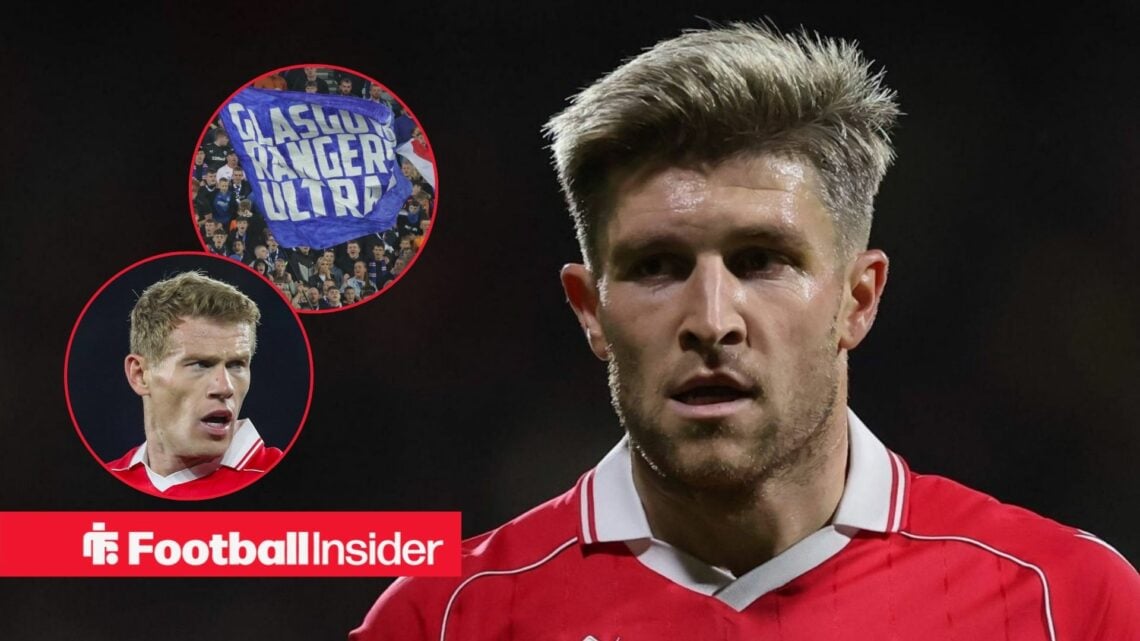 Josh Windass in action during a game for Wrexham, as Rangers fans and James McClean feature in circular insets.