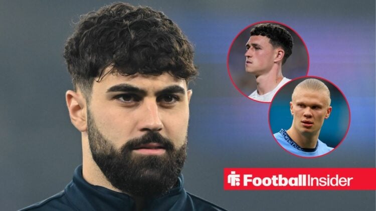 A close-up image of Manchester City star Josko Gvardiol, as Phil Foden and Erling Haaland feature in circular insets.