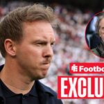 Football Insider exclusive as Julian Nagelsmann looks towards a circular inset featuring Sir Jim Ratcliffe.