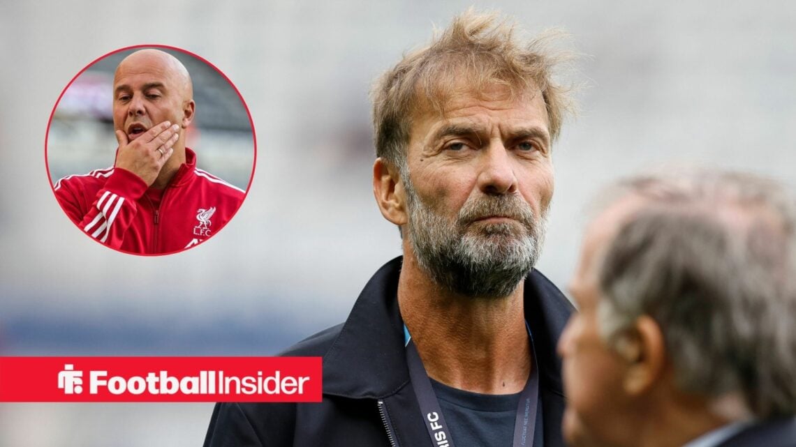 Jurgen Klopp glances towards a circular inset, where Liverpool manager Arne Slot looks concerned.