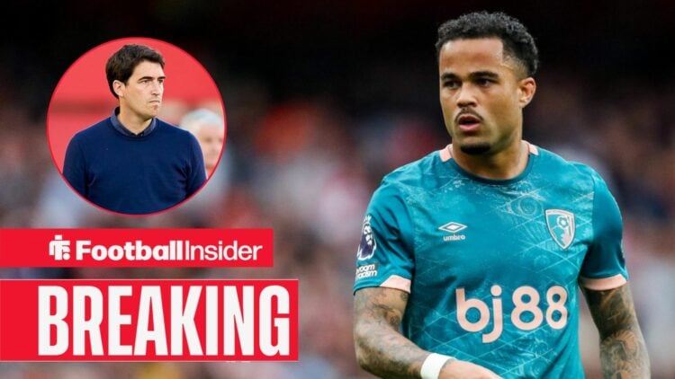 Justin Kluivert playing for Bournemouth, Andoni Iraola in a circular inset