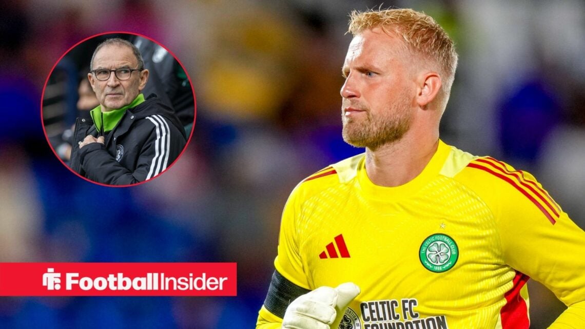 Kasper Schmeichel in goal, Martin O'Neill in a circular inset