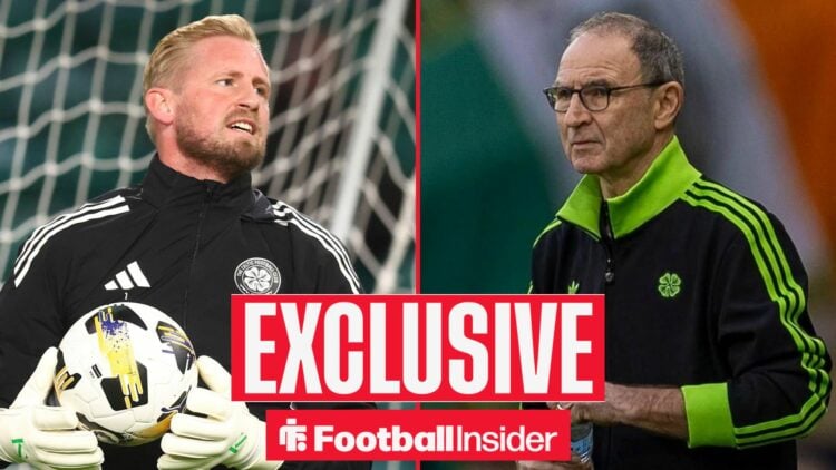 Football Insider exclusive as Celtic goalkeeper Kasper Schmeichel stares across a split image towards manager Martin O'Neill.