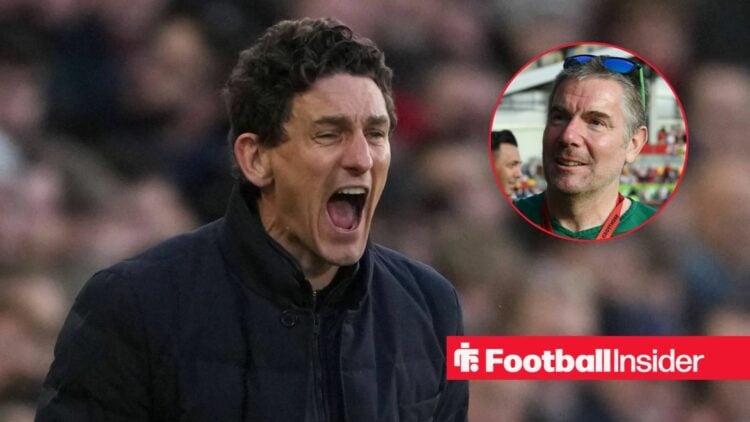 Keith Andrews shouting with Matthew Benham included in a circular inset