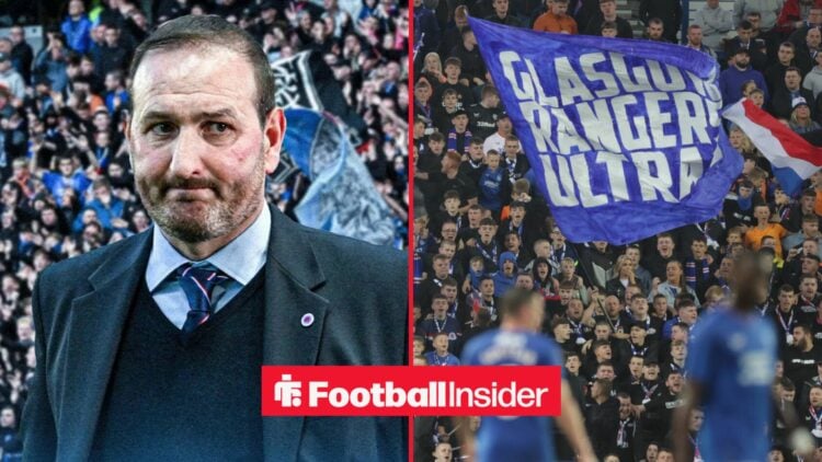 A split image as Kevin Thelwell glances across at Rangers fans, who wave flags at Ibrox.