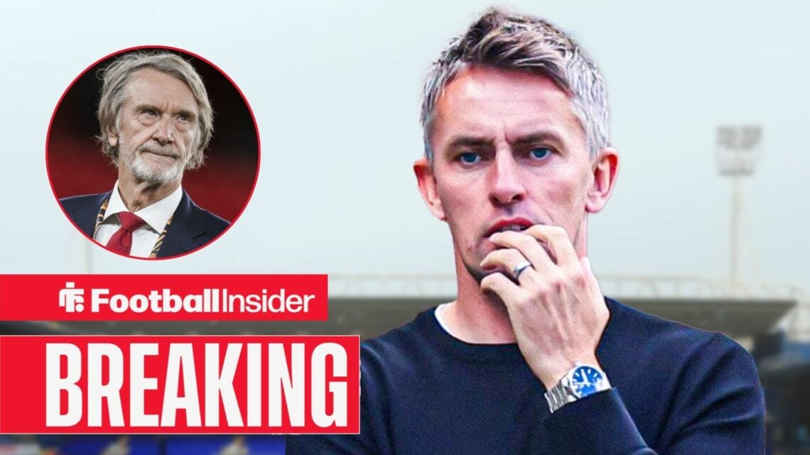 Kieran McKenna at Portman Road, with Sir Jim Ratcliffe in a circular inset