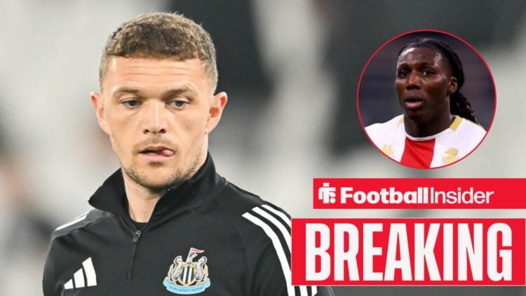 Kieran Trippier in a warm-up for Newcastle, with Brooke Norton-Cuffy in a circular inset