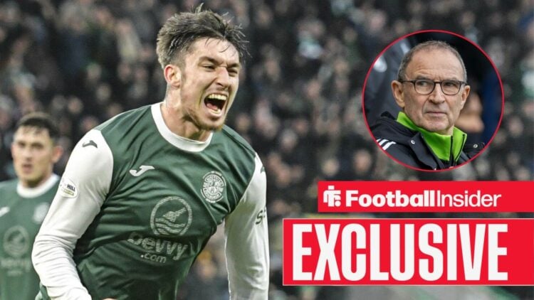 Football Insider exclusive as Hibernian striker Kieron Bowie celebrates a goal, while Celtic manager Martin O'Neill watches from a circular inset.