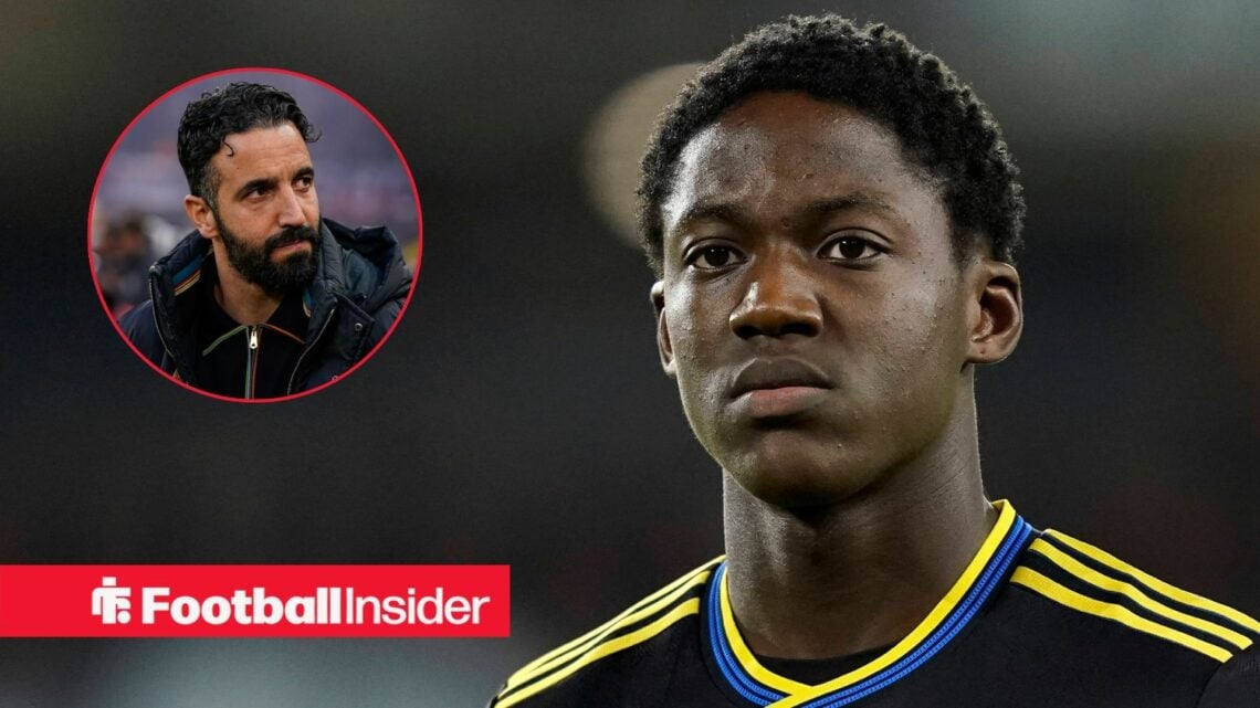 Kobbie Mainoo playing for Man United, Ruben Amorim in a circular inset