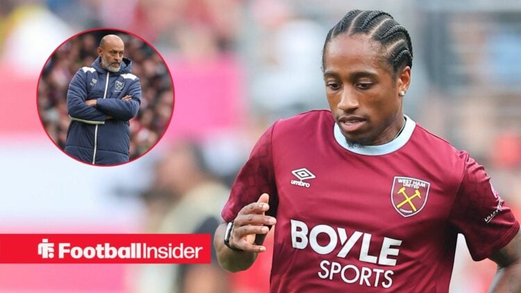 Kyle Walker-Peters playing for West Ham, Nuno Espirito Santo in a circular inset