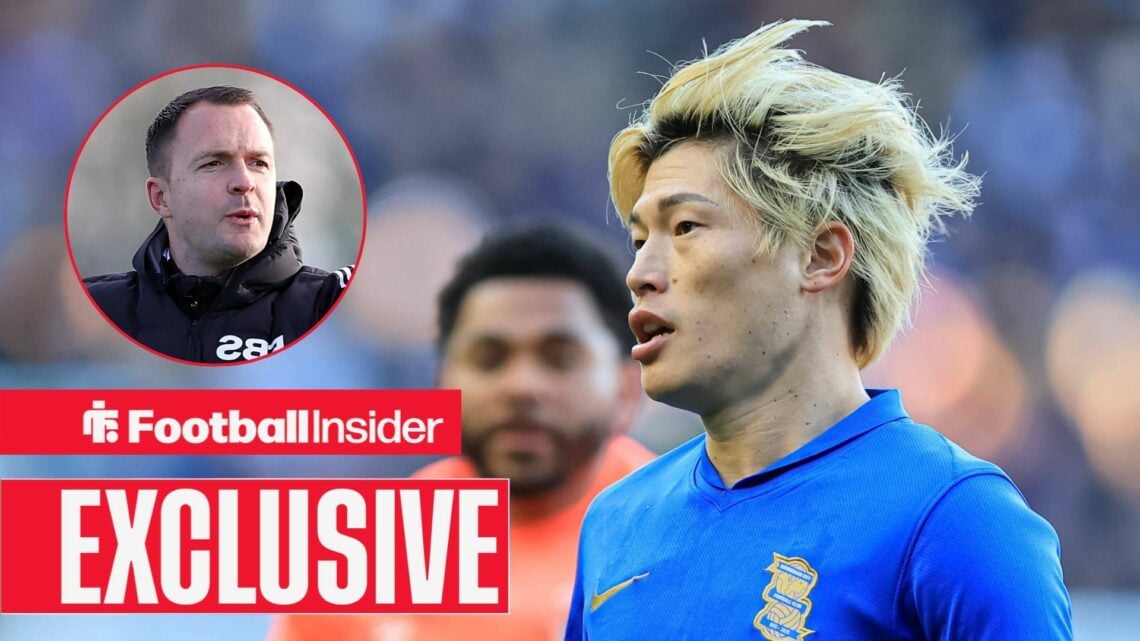 Football Insider exclusive as Birmingham City star Kyogo Furuhashi is in action, as manager Chris Davies watches from a circular inset.