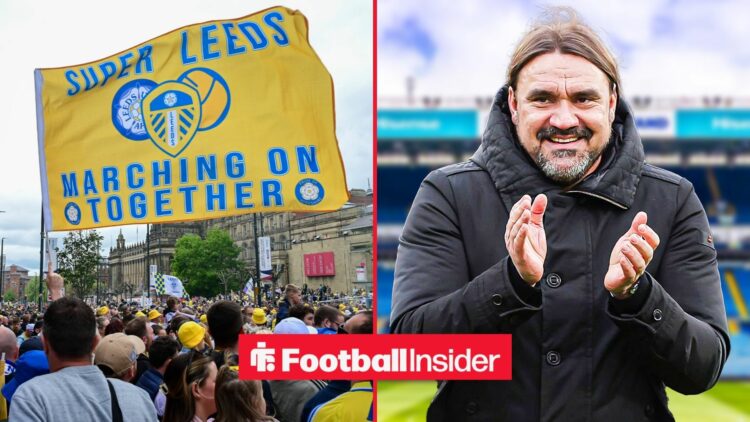 A split image as Leeds fans parade in the streets while manager Daniel Farke applauds.