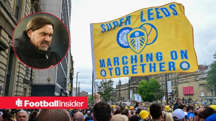 Leeds fans parade in the street as manager Daniel Farke looks frustrated in a circular inset.