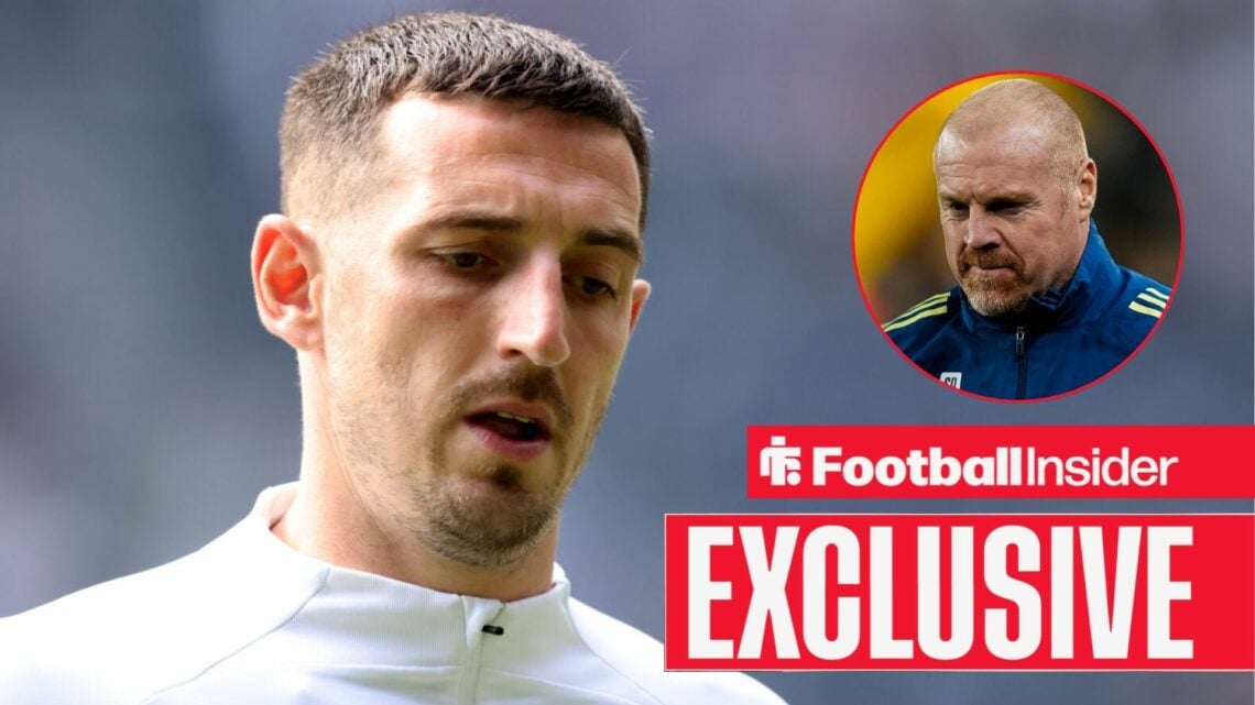 Football Insider exclusive as Brighton defender Lewis Dunk warms up for a game, as Nottingham Forest manager Sean Dyche watches from a circular inset.