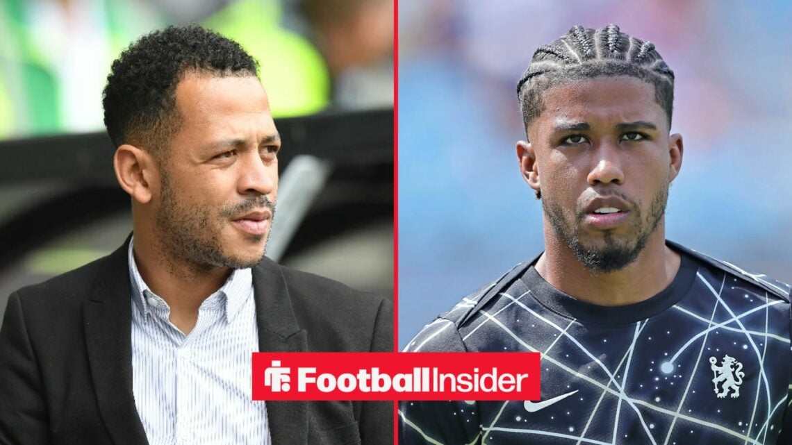Liam Rosenior glances across a split image towards Andrey Santos, who is warming up for Chelsea in the right half of the image.