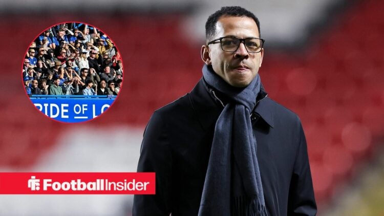 Liam Rosenior glances towards a circular inset, where Chelsea fans watch on from the stands.