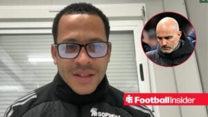 Liam Rosenior during an interview, with Enzo Maresca in a circular inset