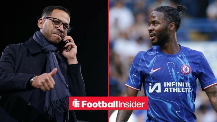 A split image as Chelsea manager Liam Rosenior puts his thumb up during a phone call, while Raheem Sterling watches on.