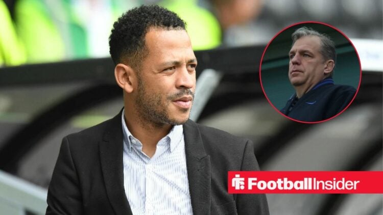 Chelsea manager Liam Rosenior stares towards a circular inset, where owner Todd Boehly looks frustrated.