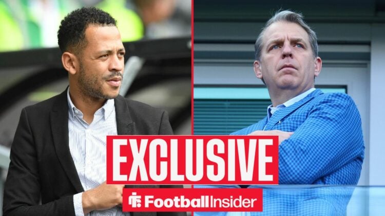 Football Insider exclusive as Liam Rosenior glances across a split image towards Chelsea owner Todd Boehly.