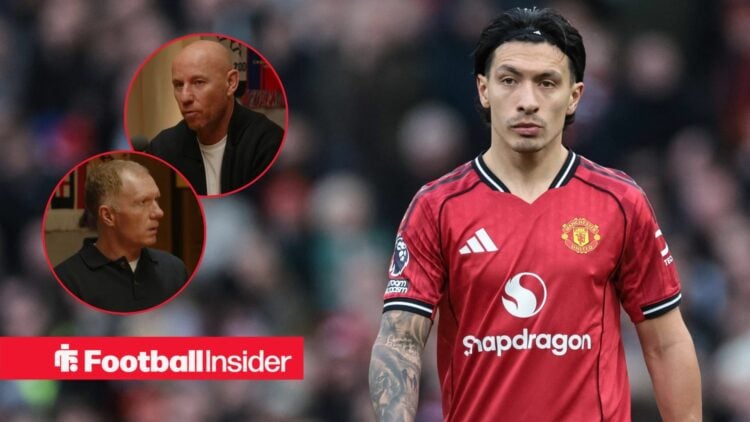 Lisandro Martinez playing for Man United, Paul Scholes and Nicky Butt in circular insets