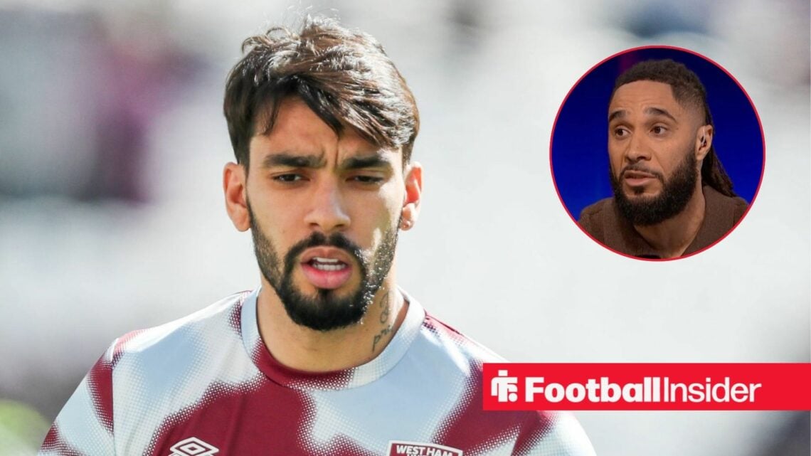 Lucas Paqueta warms up for a game as Ashley Williams watches from a circular inset.