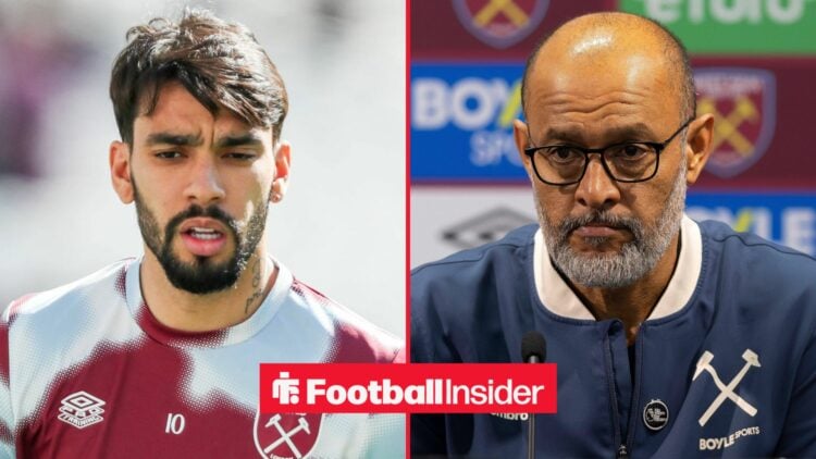 Lucas Paqueta in a West Ham training top alongside Nuno Espirito Santo in a press conference