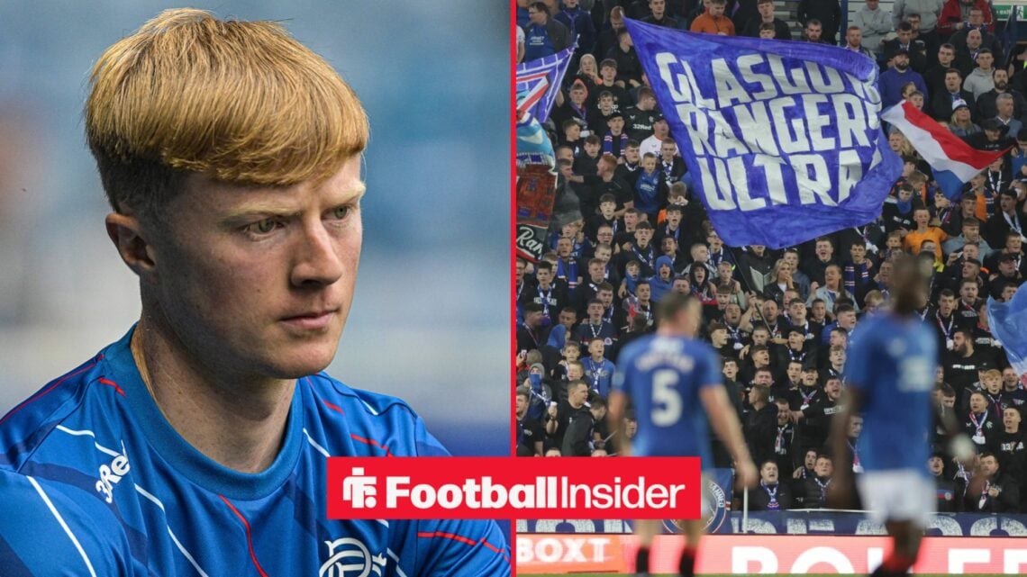 Rangers star Lyall Cameron glances across a split image towards the fans, who wave flags in the stands at Ibrox.