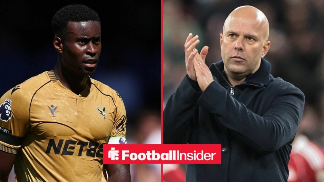 Marc Guehi in a Crystal Palace shirt alongside Arne Slot clapping