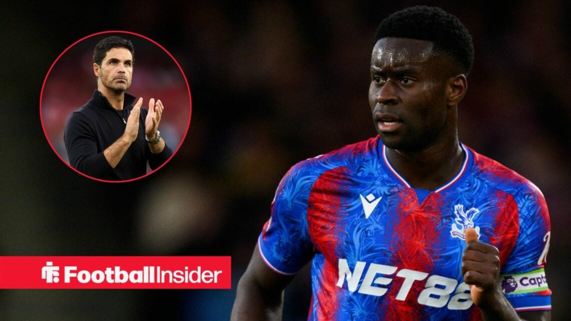 Marc Guehi playing for Crystal Palace, Mikel Arteta in a circular inset