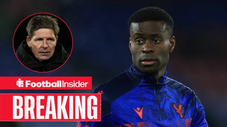 Marc Guehi during a warm-up at Crystal Palace, with Oliver Glasner in a circular inset