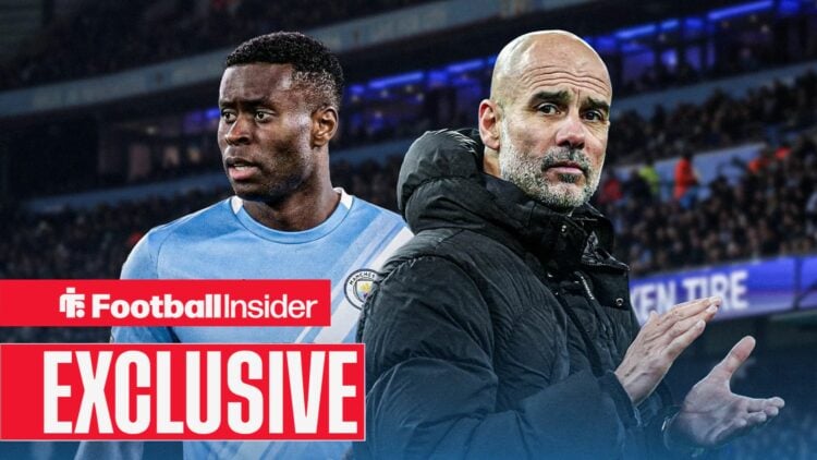 Football Insider exclusive as Marc Guehi is in action in a Manchester City shirt while Pep Guardiola applauds.