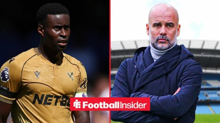 Marc Guehi in a Crystal Palace shirt alongside Pep Guardiola with his arms folded