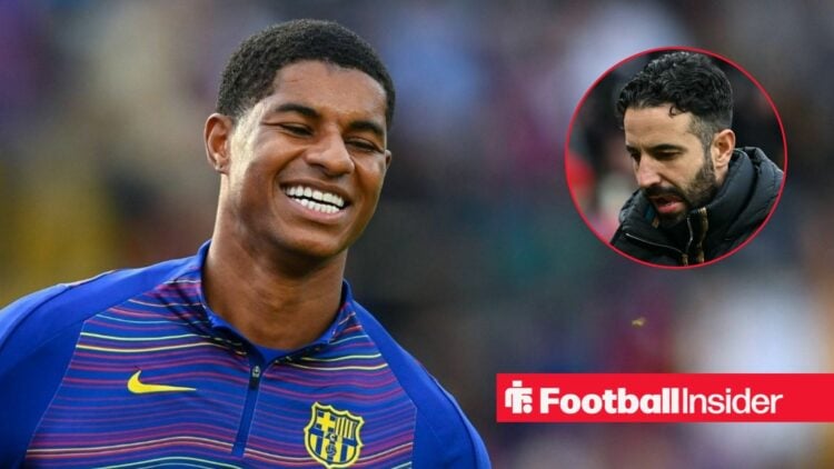 Marcus Rashford smiling at Barcelona, with Ruben Amorim in a circular inset