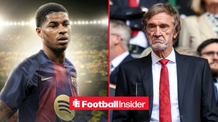 Marcus Rashford in a Barcelona shirt alongside Sir Jim Ratcliffe looking upset