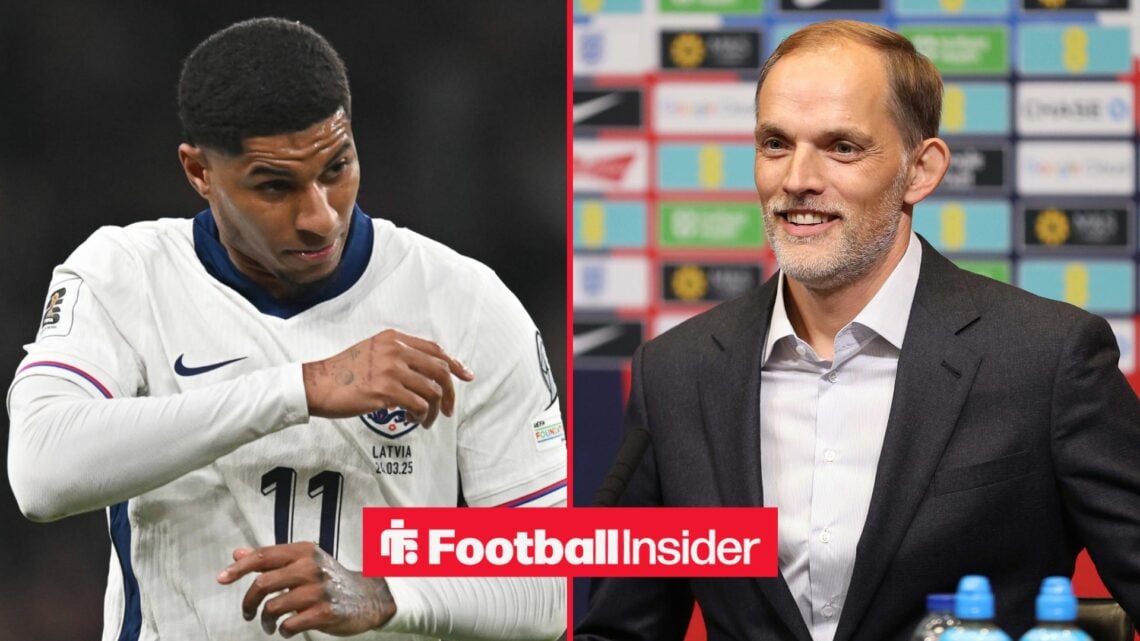 Marcus Rashford in an England shirt alongside Thomas Tuchel smiling in a press conference