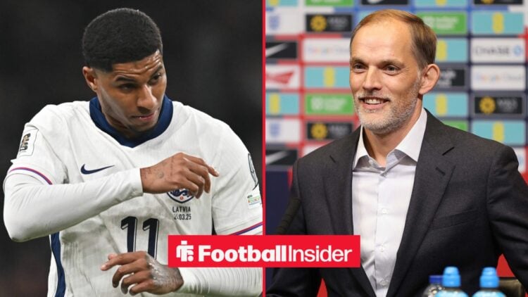 Marcus Rashford in an England shirt alongside Thomas Tuchel smiling in a press conference