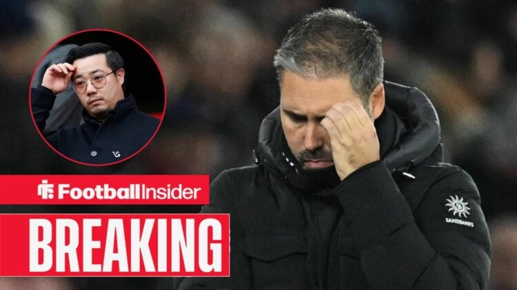 Leicester City manager Marti Cifuentes scratches his face in concern as chairman Aiyawatt Srivaddhanaprabha watches from a circular inset.