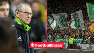 Martin O'Neill glances across a split image towards Celtic fans, who wave flags in the stands.