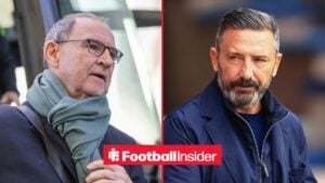 Celtic manager Martin O'Neill stares across a split image towards Hearts boss Derek McInnes.
